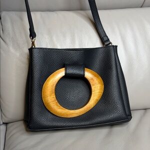 Black faux Leather crossbody Bag with gold and wood Accent